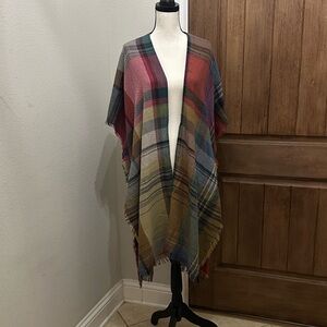 Do Everything in Love Plaid Poncho with Blue and Red Accents